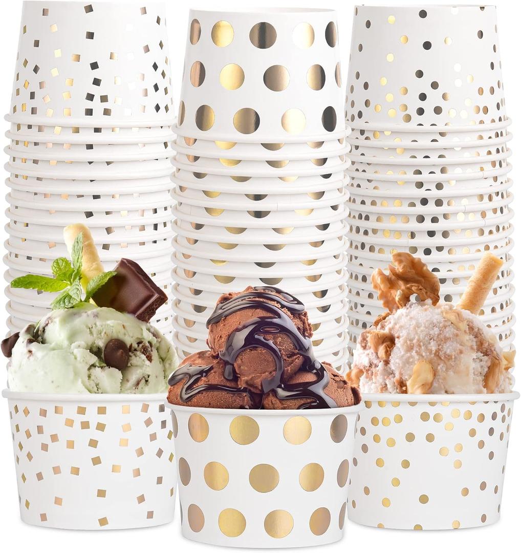AimFun 60 Pcs Treat Snack Cups Gold Dessert Cups 8oz Disposable Paper Ice Cream Cups for Hot or Cold Food Container Birthday Christmas Party Supplies, 9oz