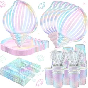 Cunhill 144 Pcs Mermaid Party Supplies Disposable Paper Tableware, Holographic Shell Plates Napkins Cups Spoons Fork Knives for Under The Sea Parties Baby Shower Birthday Party Decorations, Serve 24