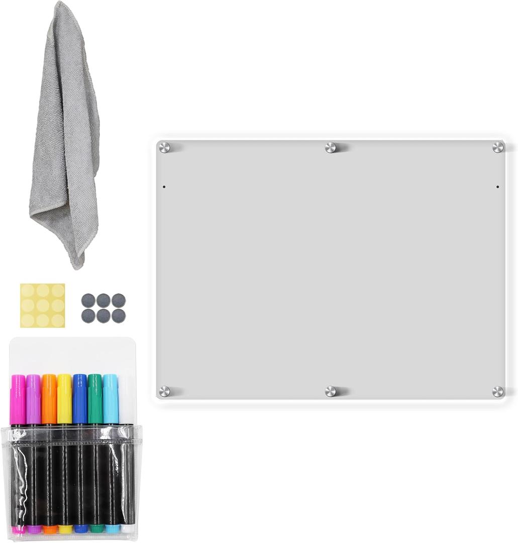 Acrylic Magnetic Dry Erase Board for Fridge 16"x12" Magnetic Whiteboard for Refrigerator Clear Acrylic Board Magnet White Board for Fridge Wall 8 Markers