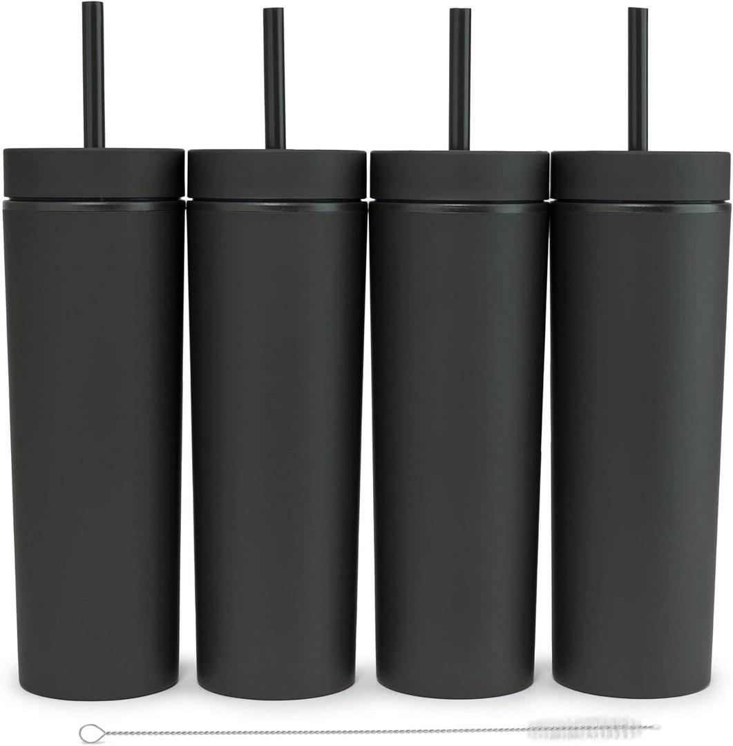 SKINNY TUMBLERS Matte Pastel Colored Acrylic Tumblers with Lids and Straws (4 pack) | 16oz Double Wall Plastic Tumblers With FREE Straw Cleaner! Reusable Cup With Straw | Vinyl DIY Gifts (Black)