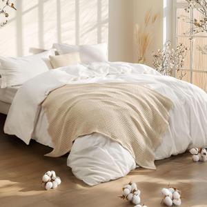 Bedsure 5 Pieces Cotton Comforter Set with Waffle Throw Blanket - Soft Breathable Bedding Set for All Seasons, White Queen Comforter, Pillow Shams, Beige 100% Cotton Blanket, Throw Pillow, Queen 