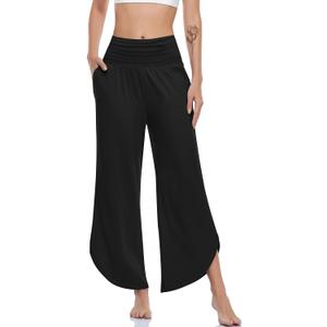 UEU Women's Wide Leg Yoga Pants High Waisted Comfy Dance Sweatpants Loose Casual Soft Lounge Joggers with Pockets (Large, Black)