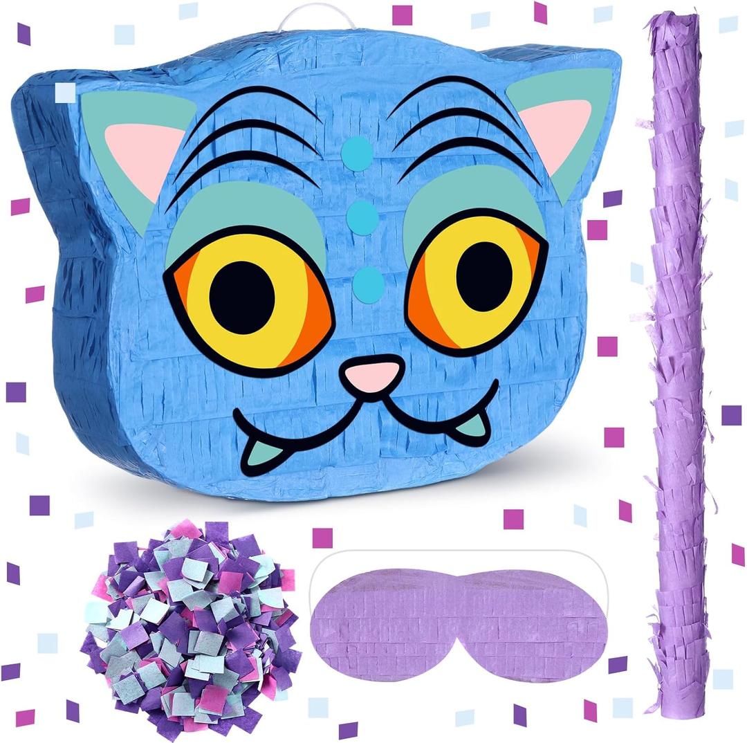 Sosation Cat Piata 12.5 x 9 Inch Blue Cat Shaped Piata with Blindfold Bat for Purple Birthday Decoration Friendship Fans Favor Decoration Wedding