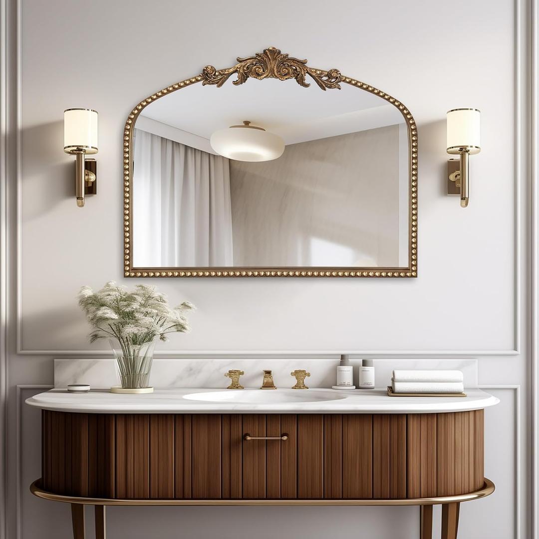 Baroque Arch Mirror for Living Room Wall, 36" X 30" Antique Gold Traditional Cathedral Ornate Beaded Arched Frame Decorative Vanity Mirrors for Mantel Fireplace, Bathroom, Bedroom Decor (30"L x 36"W)
