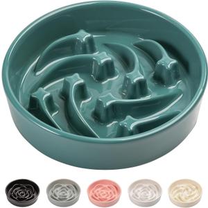 8.26 in Deep Green Ceramic Slow Feeder Dog Bowl for Medium and Large Breed,Pet Feeding Dog Food Water Dish Heavy Weighted,Puppy Bowl for Fast Eaters,Puzzle Slow Eating Dish Modern Maze Meteor