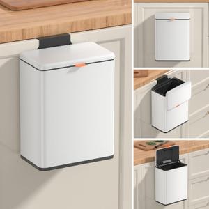 Mbillion Kitchen Compost Bin Hanging Trash Can with Lid 2.1 Gallon Stainless Steel Garbage Can for Kitchen Cabinet Door Mounted Trash Can Under Sink Door RV Bathroom,White