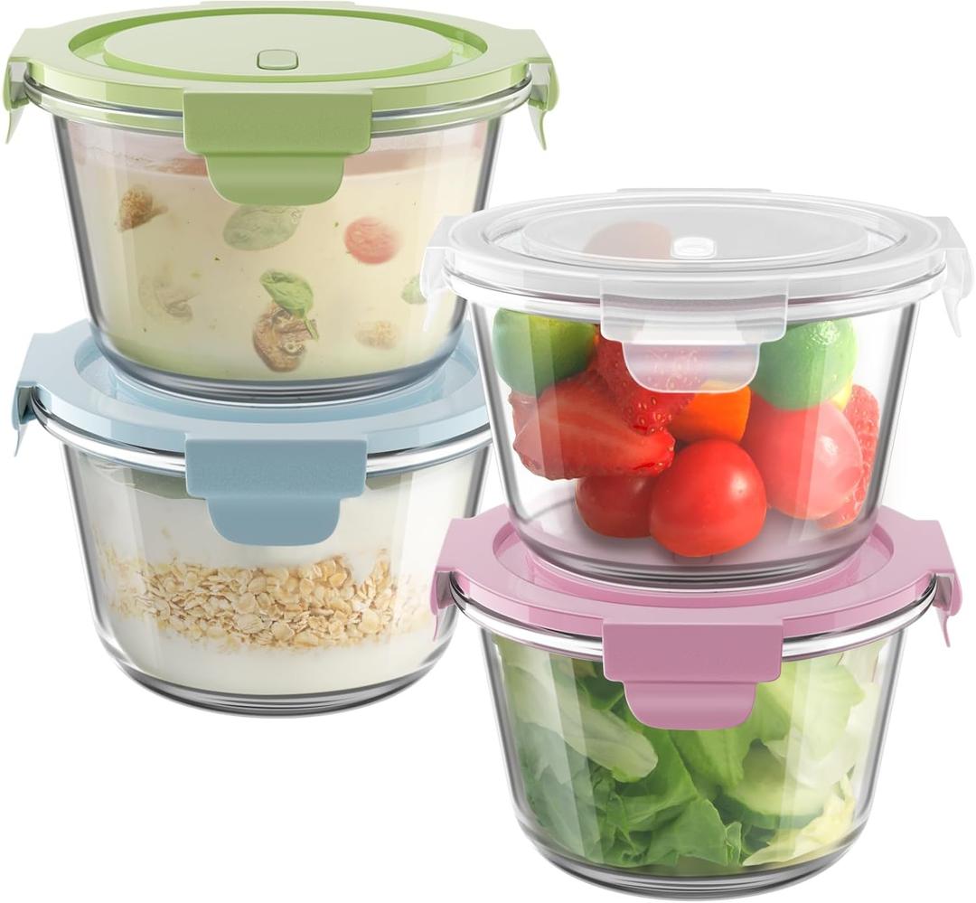 16oz Glass Meal Prep Containers, Airtight 2 Cup Glass Storage Containers with Lids, Heat-Resistant BPA-Free Borosilicate Glass Soup Container for Leftover, Microwave, Dishwasher & Freezer Safe (4 Packs) (Multicolor+ Clear)