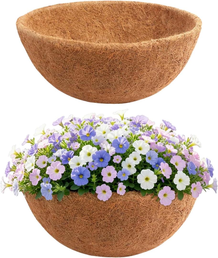 2 x 2 Pcs 14 Inch Round Coco Liners Replacement for Hanging Basket,100% Natural Coconut Fiber for Plants, Pre-Formed Coconut Fiber Plant Basket Liner for Planters, Flowers, Vegetables (2, 14 inch)