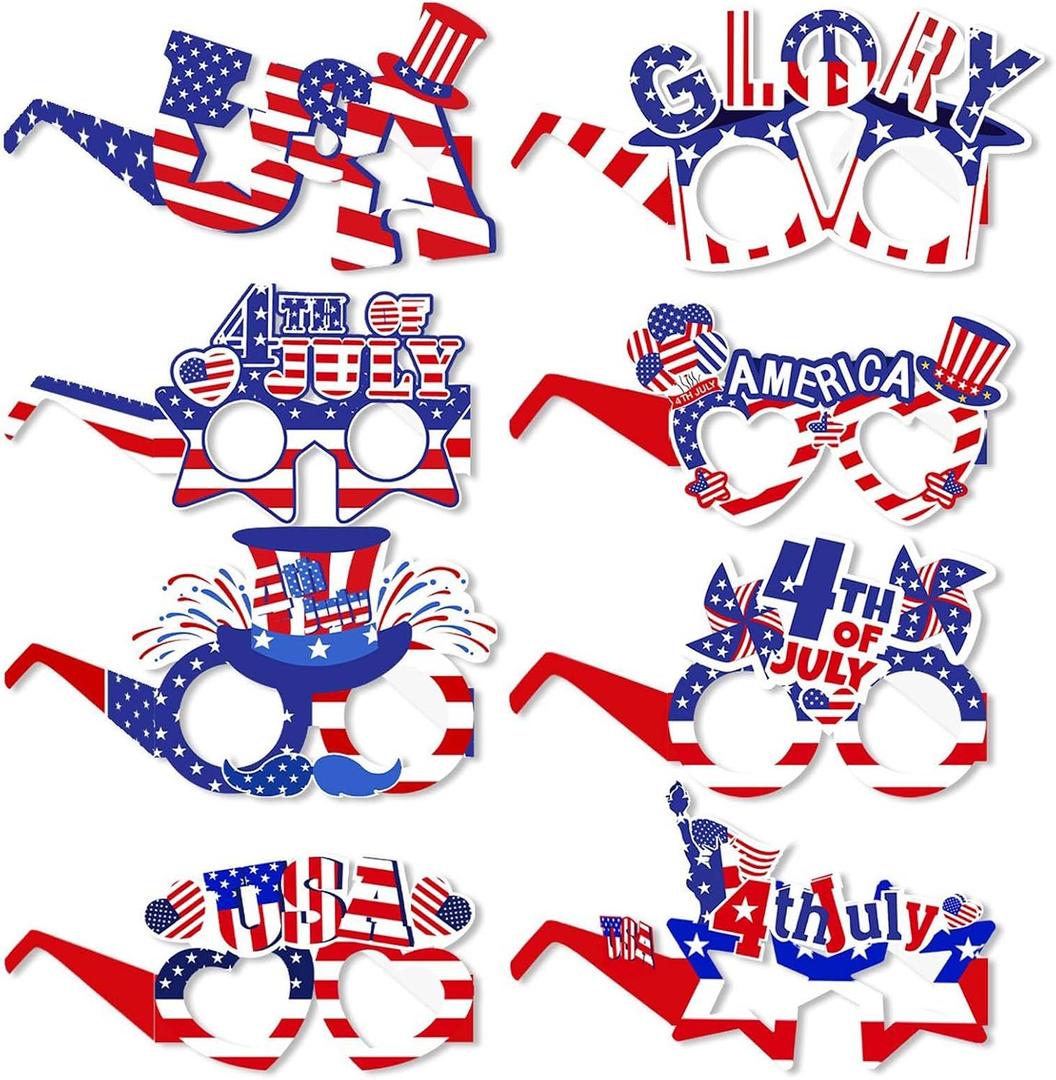 8Pcs 4th of July Photo Booth Props, Patriotic Paper Glasses for Independence Day Memorial Day Party Decor, USA Themed Photo Props for Patriotic Celebrations