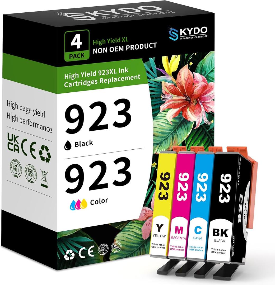 Skydo 923e 923 Ink Cartridges (with Chip) Combo Pack Replacement Compatible for HP 923XL Ink Cartridges Work with OfficeJet Pro 8120 8123 8130 8133 Printer (4-Pack, Black, Cyan, Yellow, Magenta)