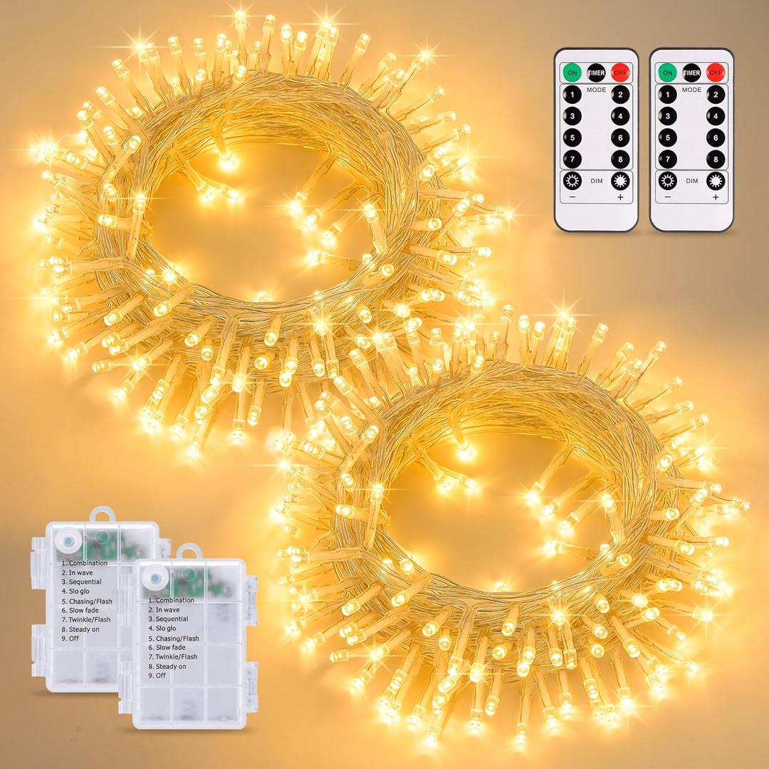 2 Pack String Lights Battery Operated with Remote66ft 200 LED Waterproof String Lights8 Modes Twinkle Lights for Party Patio Outdoor Indoor(Warm White)