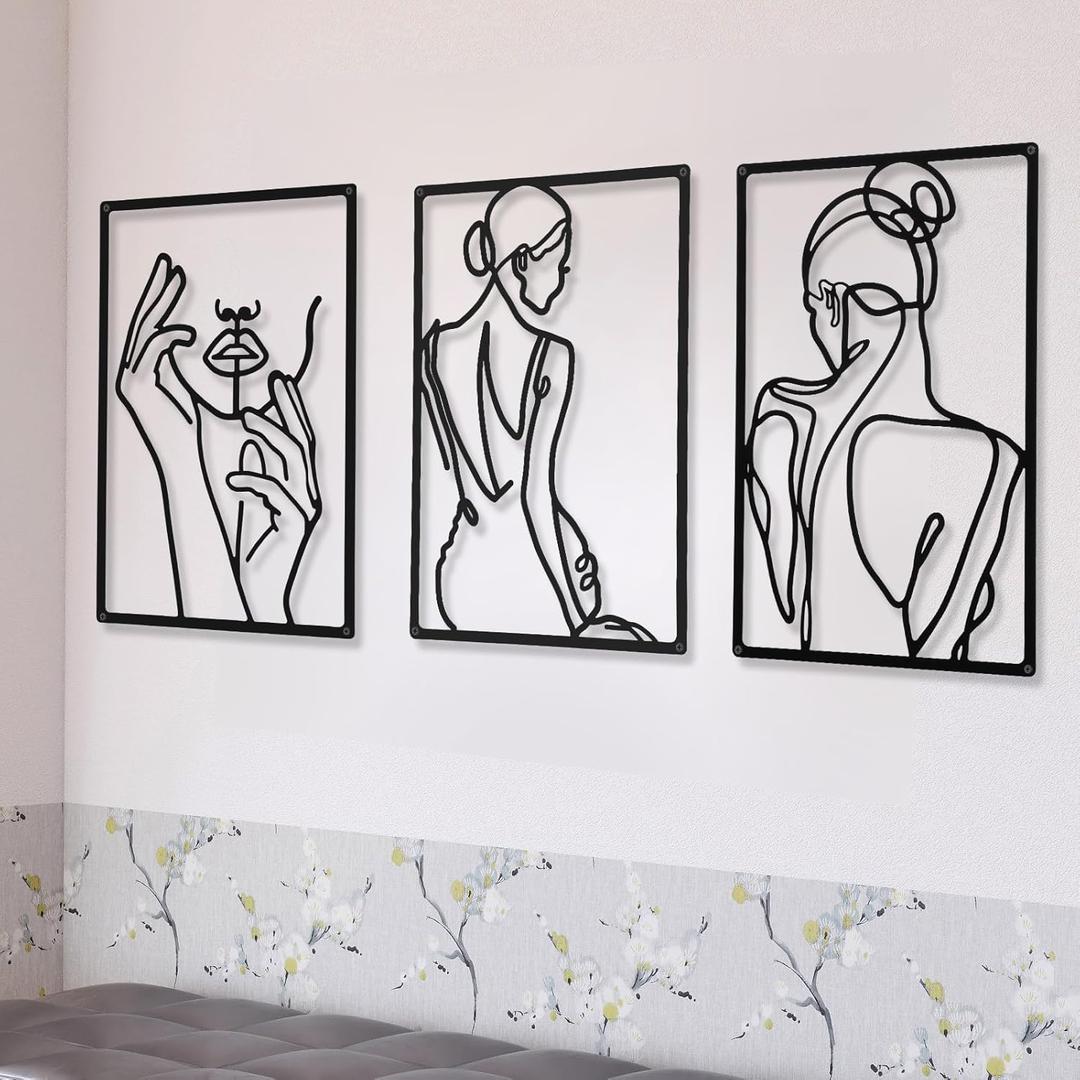 CHENGU 3 Pieces Metal Minimalist Abstract Woman Wall Art Line Drawing Wall Art Decor Single Line Female Home Hanging Wall Art Decor for Kitchen Bathroom Living Room (Black,Back and Hand)