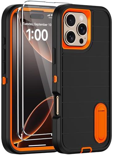 for iPhone 16 Pro Case with Screen Protector,Built-in Invisible Kickstand,Heavy Duty Shockproof Drop Protection Military Grade Tri-Layer Rugged Durable Cell Phone Cover for Apple 16 Pro Black Orange