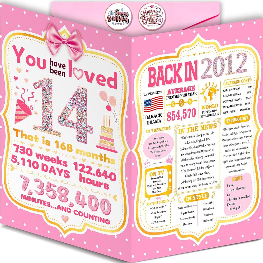 Happy 14th Birthday Card Gift Decorations Gift for Girls Her, 10.6 x 7.9 inches