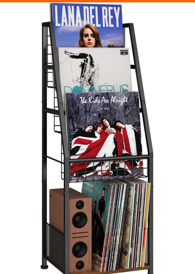 3-Tier Vinyl Record Storage With Display Shelf, Sturdy Wire Record Holder Up to 100 Albums, Vinyl Storage Organizer Rack With 4 Large Metal Baskets, Record Cabinet for LP,CD ,DVC,Book, Magazine