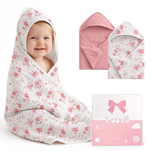 Looxii Baby Bath Towels 2 Pack Muslin Hooded Baby Towels for Newborn and Infants, 100% Cotton, Large 32x32Inch, Soft and Absorbent Pink+Flowers