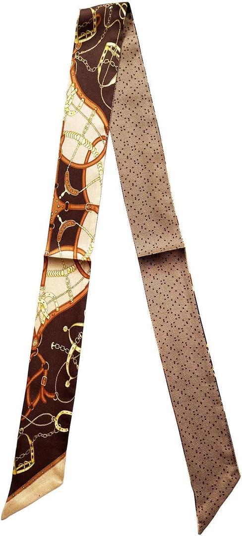 JERLA 100% Mulberry silk Scarf bag scarf Head Hair Ribbon Handbag Handle wrap Tie Bundle Neckerchief Scarf for women (Chain Saddle Brown)