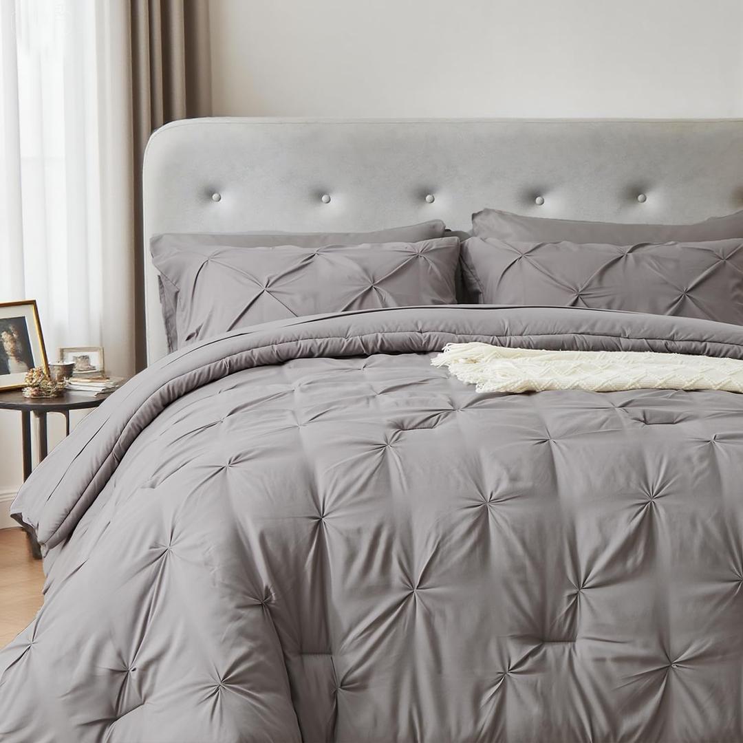 Ellewins Full Comforter Set 5 Pieces Bed in a Bag,Grey Pintuck Pinch Pleat Bedding Set,Modern Luxury Solid Color Comforter with Sheet Set,Soft Microfiber Bed Set for All Season (Grey,82”x84”)