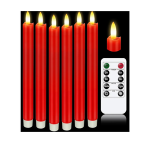 KSWING Upgraded Real Wax LED Flameless Red Taper Candles with Remote, 6 PCS Candlesticks Battery Operated 3D Flickering - 9.6" Long Realistic Fake Candle Sticks for Home/Wedding/Fireplace Xmas Decor