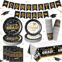 Graduation Plates and Napkins Set Serve 50, Class of 2026 Graduation Party Dinnerware Set, Black and Gold Disposable Paper Plates Napkins Banner Tablecloth for Graduation Congrats Grad Party Supplies