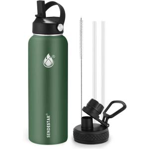 Insulated Water Bottle 32 oz with Straw, Stainless Steel Wide Mouth Water Bottle, Double Wall Vacuum Leak Proof with Straw Lid & Spout Lid for Sports or Office, Keep Cold or Hot Up to 24 Hrs
