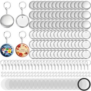 100 Pack Button Maker Keychain Supplies, 58 mm / 2.25 Inch Metal Keychain Making Kit for Button Maker Machine, Blank Badge Set with Metal Shell Back Cover, Plastic Film, Chain, Ring for DIY