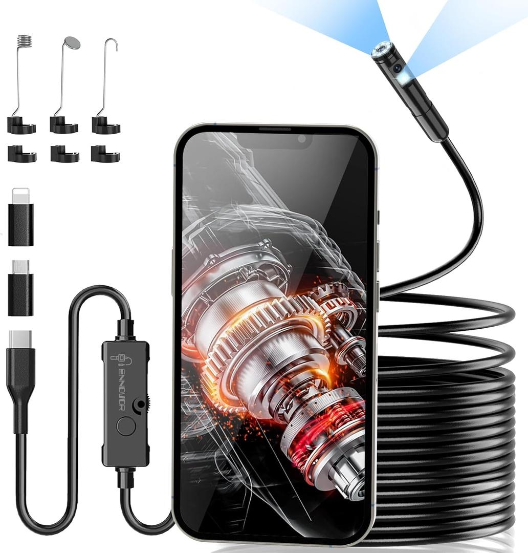 Endoscope Camera with Light, Dual-Lens 1920P HD Borescope with 8+1 Adjustable LED Lights, 16.4ft Semi-Rigid Snake Camera, IP67 Waterproof 7.9mm Inspection Tools for iOS and Android