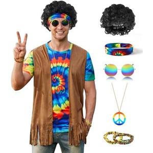 Mainfini Mens 60s 70s Outfits Hippie Costume Retro Colorful Themed Party Shirt (2XL)