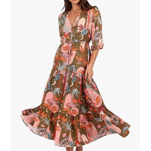 Women's Floral Print Maxi Long Dresses Deep V Neck Summer Beach Dress Half Sleeve A Line Flowy Dresses L