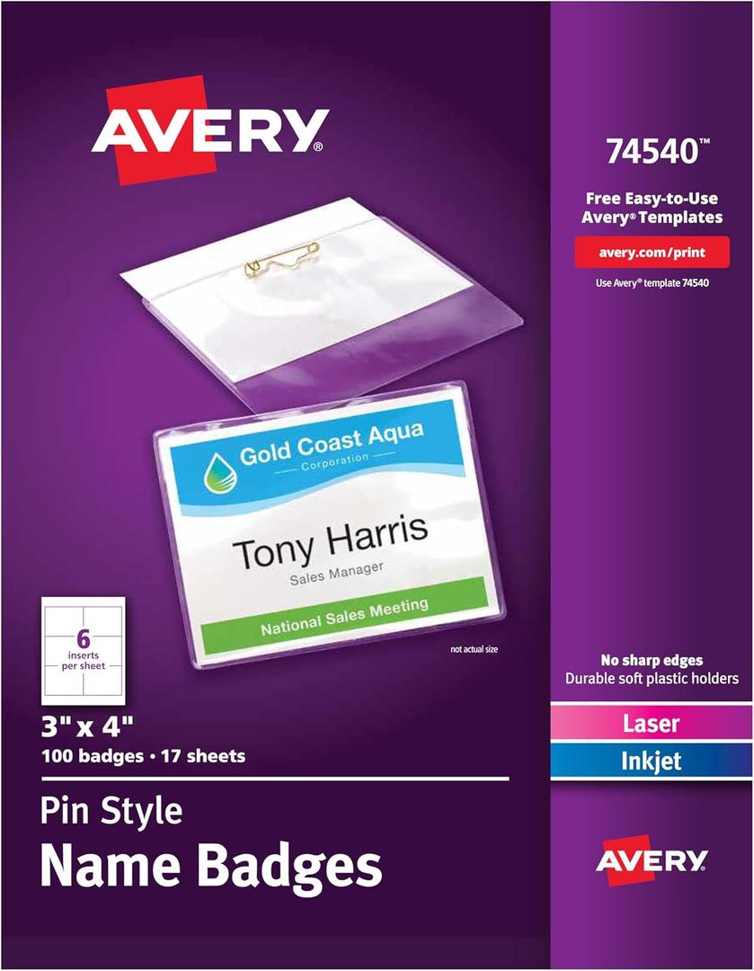 Avery Customizable Name Badges, Pin Style, 3" x 4", Clear Name Tag Holders, White Laser/Inkjet Printable Inserts, 100 Total (74540)