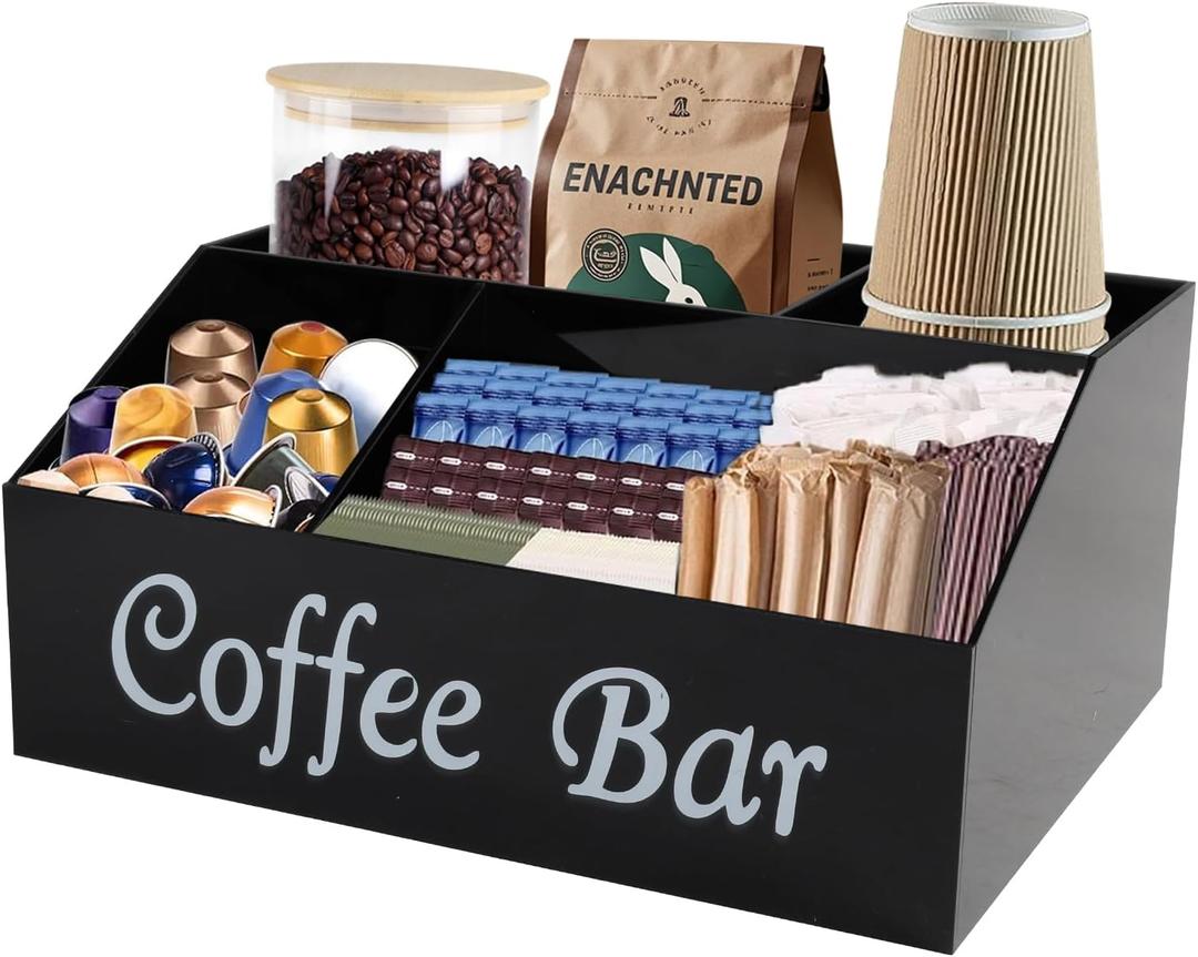 Coffee Station Organizer,Acrylic Coffee Bar Supplies Organizer with Dividers,4 Compartment Coffees Pod Holder for Countertop,Coffees Bar Decor for Sugar Tea, Black