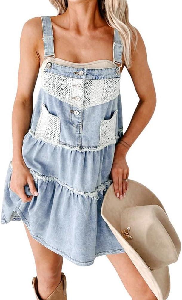chouyatou Women's Summer Distressed Short Denim Overall Dress Adjustable Strap Lace Crochet Spliced Tiered Jean Dress (S)