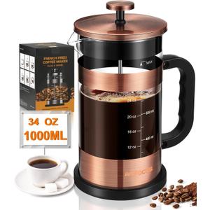 French Press Coffee Maker - 34 Ounce Classice Stainless Steel Coffee Press with 4-Level Filtration System, Heat Resistant Thickness Borosilicate Glass French Press Coffee Pot for Camping Travel Gift (Copper)