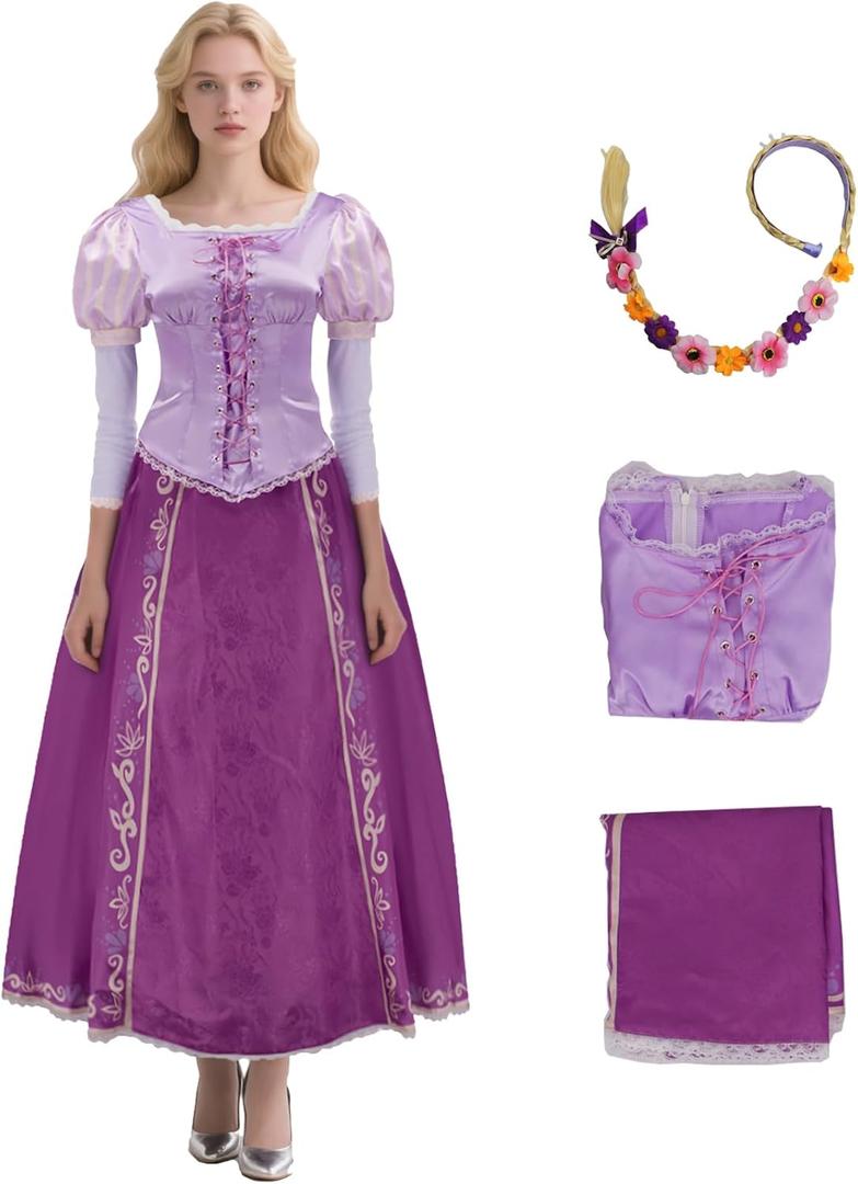 Rapunzel Dress Princess Costume for Women Purple Lepe Cosplay Tops Skirt with Braided Wig Headbands for Halloween (Small)