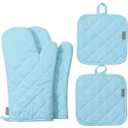 Oven Mitts and Pot Holders 4 pcs Set, High Heat Resistant 500 Degree Extra Thicken Long Kitchen Cotton Oven Glove for Cooking (12 Inch, Blue)