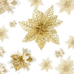 vannyster 20 Pcs 6& 9 Large Artificial Christmas Flowers with DIY Clips, Poinsettia Christmas Flowers Decoration for Xmas Tree and Wreath Ornaments, Xmas New Year, Party, Holiday Decor(Gold)