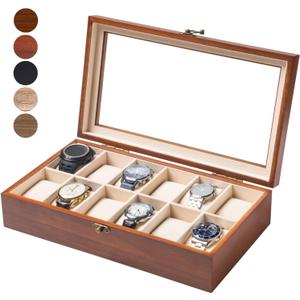 Watch Box, Watch Case for Men Women with Large Glass Lid, Wooden Watch Display Storage Box with 12 - Slots, Classic Walnut Mens Watch Box Organizer, lassic Walnut