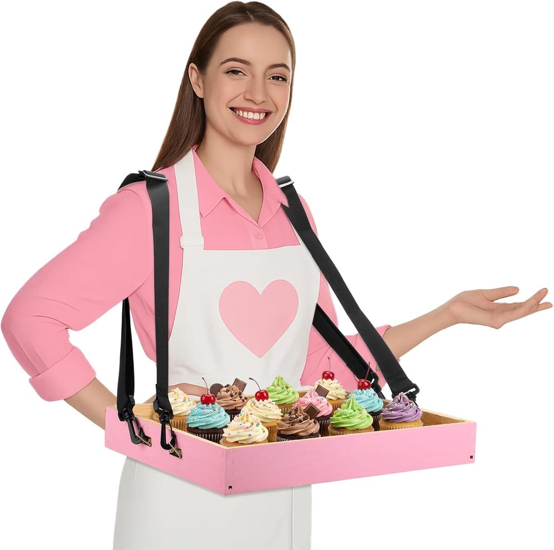 Wooden Snack Trays with Strap 15 x 11 x 2 Inch Movie Night Party Serving Trays Usherette Popcorn Drink Vending Concessions Tray Beverage Carrier for 20's Theme Costume Carnival Prop(Pink)