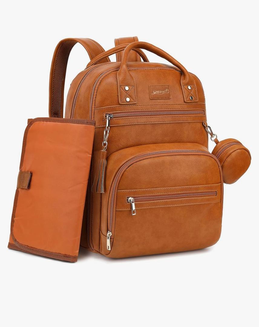 Premium Vegan Leather Diaper Bag Backpack with Waterproof Changing Pad, Reinforced Zippers & Odor-Free, 20 Pockets Pro Organizer, Fits 15.6" Laptop, Stroller Straps, Baby Bag for Mom, Brown