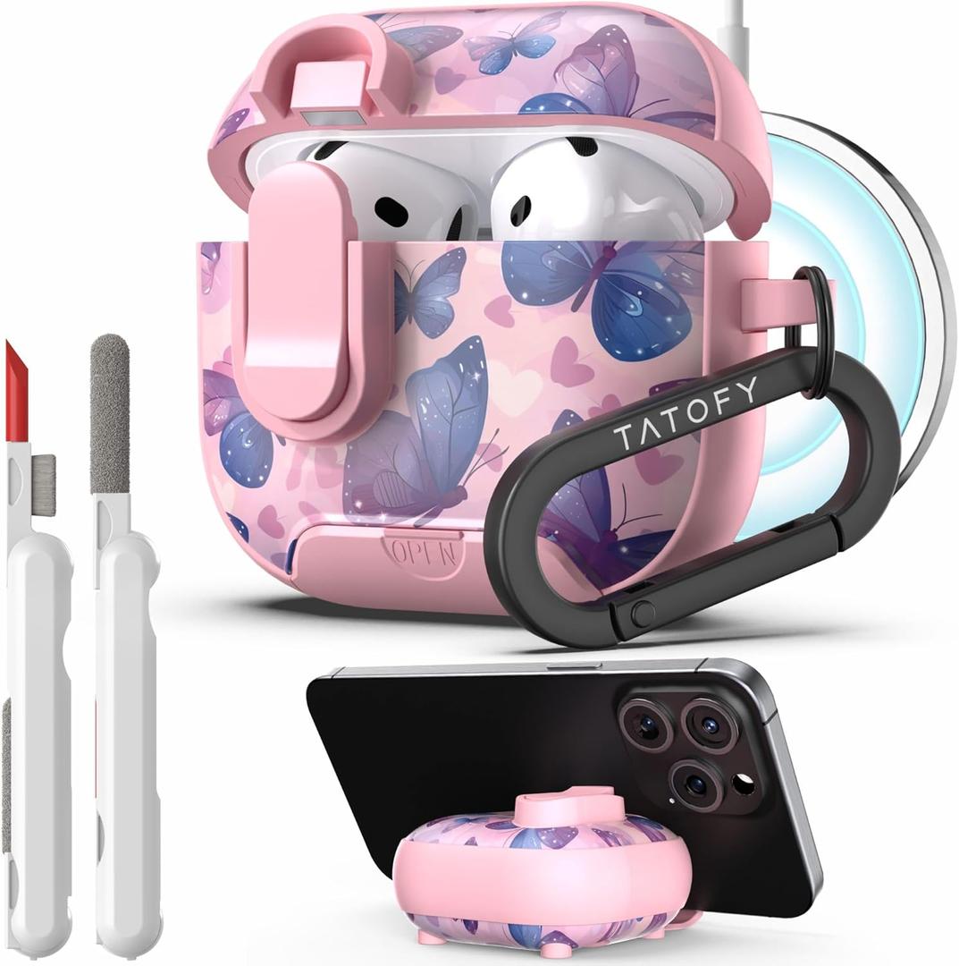 TATOFY for AirPod 4th Gen Case with Phone Stand Lock Carabiner Cleaning Kit, Floral AirPods 4 Hard Shell Dustproof Cover for Women, MagSafe Compatible (Butterfly, AirPods 4th)