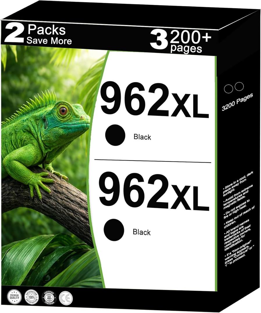 962XL Black Ink Cartridges Combo Pack Replacement for HP 962 XL Work for 9010e 9012 9020e 9019 9010 9015 9025e 9020 9018e 9018 Printers and 9025 9012e Series Printer V24.3.1 Chips (2 Pack Black)