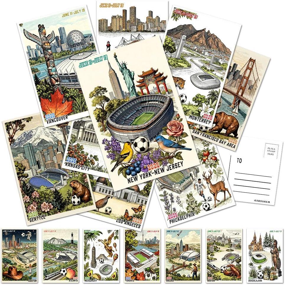 2 x 32Pack Soccer Inspired Souvenir Art USA Canada Mexico City Landmark Postcards, for Sports Fans (4x6 Inch)