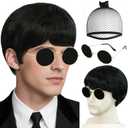 ANOGOL Hair Cap+ (Glasses) Short Black Wig Men 60s Rock Wigs Cosplay Black Synthetic Hair with Bangs Fluffy Wig 60s 70s Mens Costume Wigs Male Guy Christmas Halloween Party Outfit Daily Wear