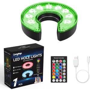 KINGTOP Rechargeable LED Golf Hole Light - Waterproof, Focused Illumination Lens, Remote-Controlled, Perfect for Backyard Night Golf Practice Putting Green Cup Lights, Camping, Outdoor Party (Rechargeable - RGB- C Shape- 1Pack)