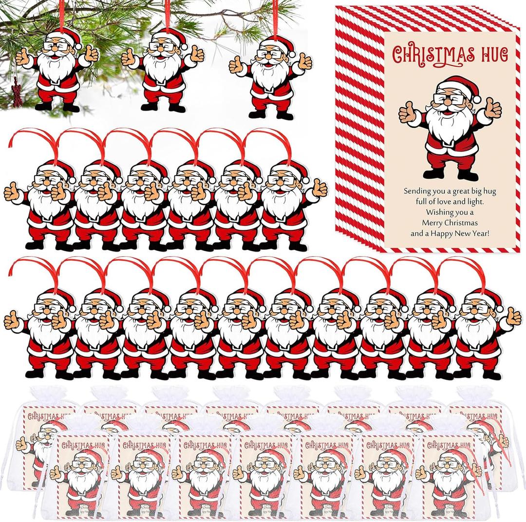 30 Set Christmas Hug Ornaments Bulk Pocket Hug Gifts Wooden Santa Claus Ornaments Thank You Gifts for Coworker with Inspirational Cards Organza Bags for Operation Xmas Tree Decor