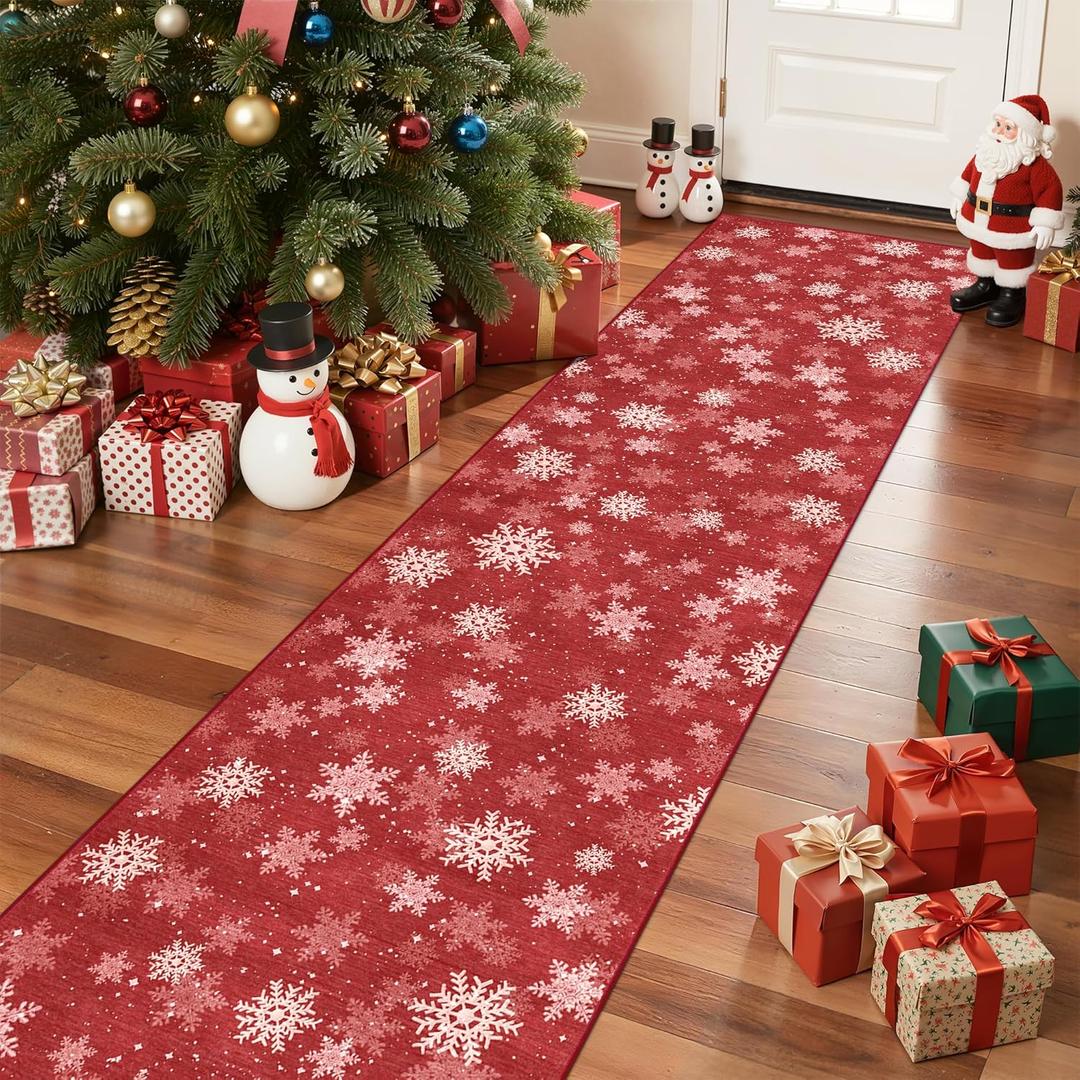 Christmas Runner Rug 2x8, Washable Snowflake Rugs for Living Room, Ultra-Thin Hallway Rug Runner Non Slip, Soft Red Holiday Decor Indoor for Entrance, Bedroom(2'x8', Red/White)