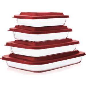 8-Piece Deep Glass Baking Dish Set with Plastic lids, Rectangular Glass Bakeware Set with Lids, Baking Pans for Lasagna, Leftovers, Cooking, Kitchen, Freezer-to-Oven and Dishwasher, Red