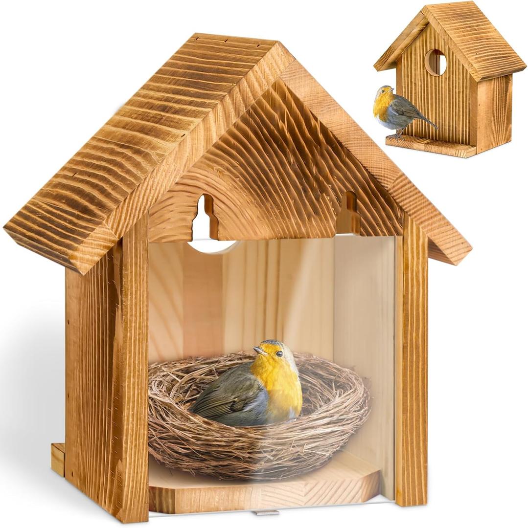 Window Bird Houses for Outside with 2 Powerful Hooks, Clear Window for Viewing Inside, Hanging Wooden Birdhouses with Weather Treated for Outdoors, Bird Nesting Box for Bluebird Finch Chickadee