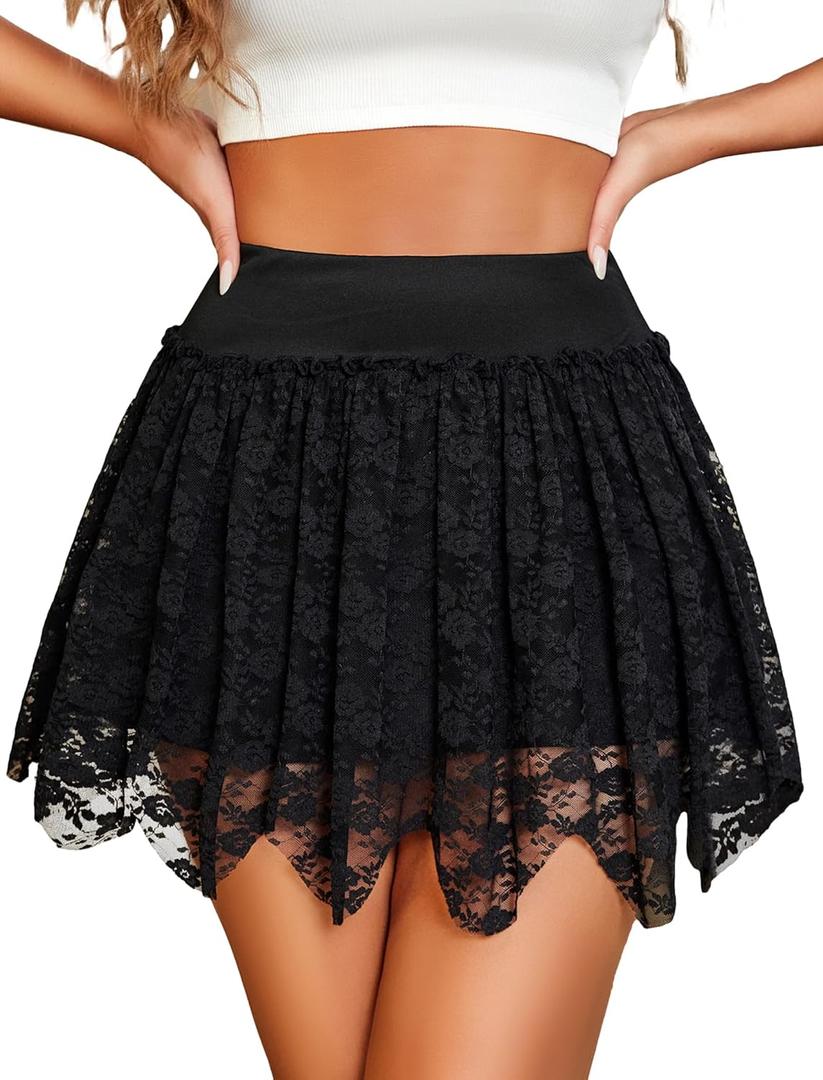 Avidlove Womens Sexy Mini Skirt Flowy Layered Lace Skirt Asymmetrical Short Skirts (Small, Black)