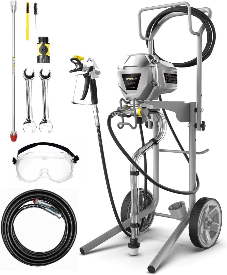 InoKraft MaXpray M3 Cart Airless Paint Sprayer, 3300 PSI 0.33 GPM | Thinning-free latex & acrylic spraying; large projects; 2×25 ft hoses, 18" extension, 515 tip & Flush-Ease Valve